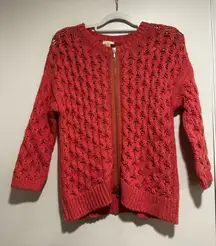 Chicos Sz:2 pink/peach Full Zip 3/4 Sleeve open Knit scoop neck Sweater Top.