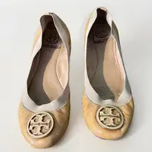 Tory Burch Caroline Patent Leather Ballerina Flats Shoes Nude Beige Size 7.5 M