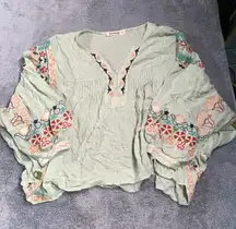 Three bird nest Embroidered Mint Green Boho Top small