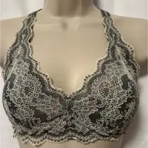 Felina Womens Lace Bralette Scalloped Edge Two Tone Gray Cream Size Small