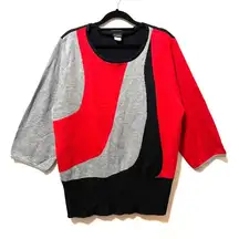 Salon Studio Sweater Color Block Black Red Gray Three Quarter Sleeve Scoop Neck