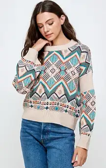 En Creme Aztec Print Multicolor Geometric Sweater