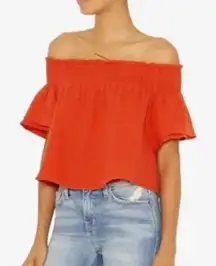 Apiece Apart Off The Shoulder Crop Top Gauze‎ Crinkle Cotton Blouse Red Womens 6