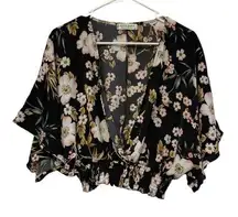 Jon & Anna Contemporary Black Floral Crop Blouse Deep V-Neck Size XL EUC #2770