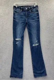 American Eagle Mid Rise Skinny Kick Jeans Distressed Dark Blue W 6 X Long x 34.5