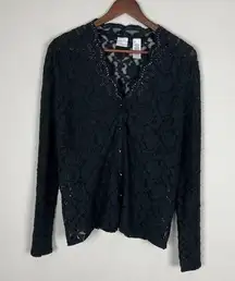 Emma James Cardigan Womens Large Black Lace Button Up Scallop Beaded Long Sleeve