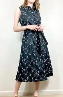 Vintage Black & Purple Floral Embroidered Belted Midi Dress