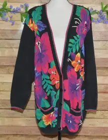 Vintage Jantzen Classics Cardigan Sweater Size XL Floral Hand Embroidered Granny