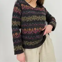 vintage boho wool blend slouchy knit sweater colorful v-neck size s