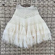 Vintage cream crochet open knit fringe poncho cape Christmas tree skirt