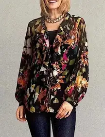 CAbi Floral Ruffle Tie Front Sheer Blouse // Size Small