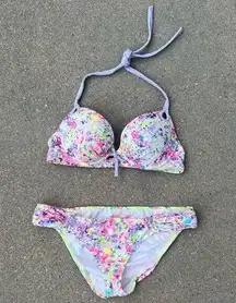 Victoria’s Secret 34C/M The Gorgeous Push-up Knockout Bikini Neon Splatter Foil
