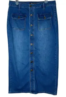 VTG Y2K Baccini Denim Maxi Skirt Sz 10 Button Front Straight Patch Pocket Preppy