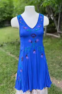 Embroidered Festival Slip On Dress Blue Size XS