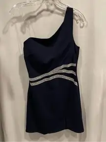 Cute NWT navy blue 1 shoulder mesh insert pearl embellished micro mini dress