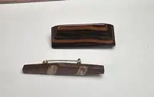 Brown Wood Handcrafted Hand Made Lot Of 2 Brooch Pin
