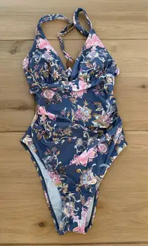 NEW Blue Floral Cutout Moderate Cut One-Piece S