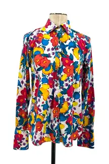 Robert Graham Button Down Shirt Floral Print Abstract White Blue Size‎ Medium