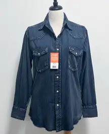 Wrangler Medium Wash Denim Snap Button Up Western Point Yokes Shirt Medium New