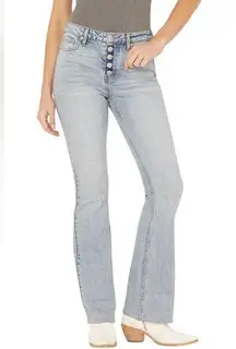 Cleo + Wolf Jeans Women's 31W/34L Blue High Rise Bootcut Raw Hem Button Fly Pant