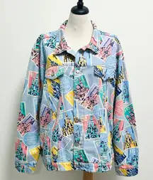 Disney Parks 2022 D23 Castles Stamps Button Up Light Wash Denim Jacket XXL