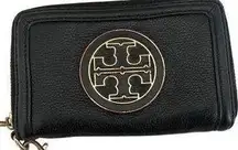 Continental Wallet Black Leather Gold Big Logo Pebbled Amanda