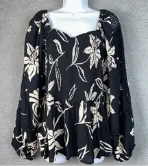 Angie Top Womens 3X Black Blouse Floral Smocked Bodice Baby Doll Lace Y2K Boho