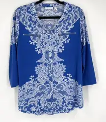 Susan Graver Royal Blue‎ Baroque Lace Pattern Liquid Knit blouse Size S Popover
