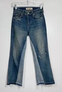 Anthropologie AMO Crop Boot Jeans‎ Distressed w/ Raw Hem Button Fly Two Tone 24
