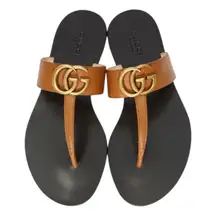 Gucci Leather Thong Sandals Gold Double G Logo Orange Brown Size 37