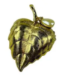 Avon Solid Perfume Jewelry Pin Brooch Puffed Leaf Gold Tone Faux Pearl Accent