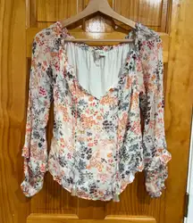 Hale Bob Floral Boho Peasant Top Long Sleeve Tassel Tie Blouse White Multicolor