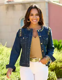 Boston Proper Blue Chain Neck Detail Chic Denim Jacket Size Large