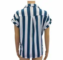 Eden & Olivia Short Sleeve Blue White Striped Button Up Tie front Pocket Shirt M