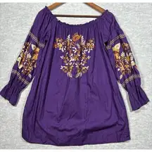 Free People  Womens Dress M Purple Embroidered Boho Fleur Du Jour Off Shoulder