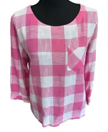 Orvis Pink White Linen-Blend Buffalo Check Button-Back Blouse Top Sz S Cottage‎