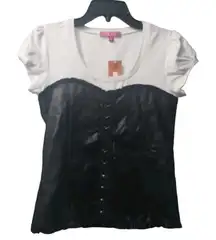GLO Jeans Corset Top White Black Short Sleeve Hook Eye Closure‎ Size M