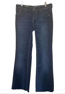 MEK The Buckle Women's Mid Rise Dark Wash Raw Hem Boot Cut Jeans Size 29