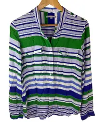 Gap‎ Medium Striped Long Sleeve Shirt Button Up Top Green Blue White Preppy
