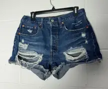 Levi's 501 Women's Distressed Denim Cutoff Shorts Blue Button Fly Raw Hem