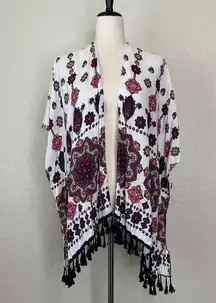 Coco + Carmen Boho White Printed Tassel Open Front Kimono