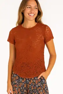 Natural Life NEW Rust Floral Lace Sheer Short Sleeve Top Stretchy Boho Size L