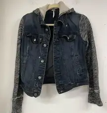 Free People Denim Hoodie Jacket With Grey Sweater Sleeve Womens Medium Jean