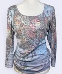 Vintage Y2K MD Boho‎ Floral Script Scoop Neck Top Rhinestones Feminine Romantic