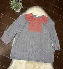 Layerz Clothing black & white houndstooth burnt orange embroidery peasant top