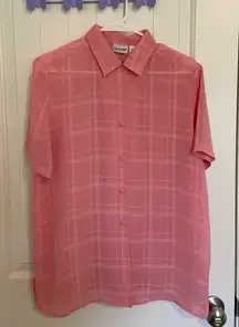 Vintage Liz Baker women’s bubblegum pink sheer plaid button up shirt size 10‎