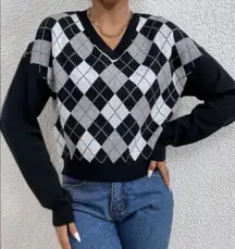 Shein Womens S Argyle Sweater Drop Shoulder Gray Black