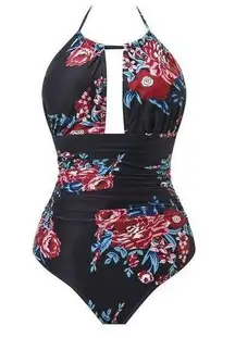 Black Floral Swimsuit Tummy Control  Deep Plunge Backless Halter SMALL NWT #2009