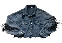 Shein Fringe Black Cropped Denim Jacket M