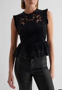 Velvet Crew Neck Lace Embroidered Peplum Top